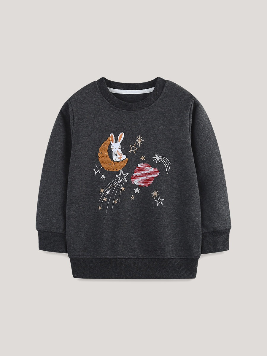 Autumn and Spring Arrival Sequins Cartoon Pattern Long Sleeves Pullover for Stylish Girls