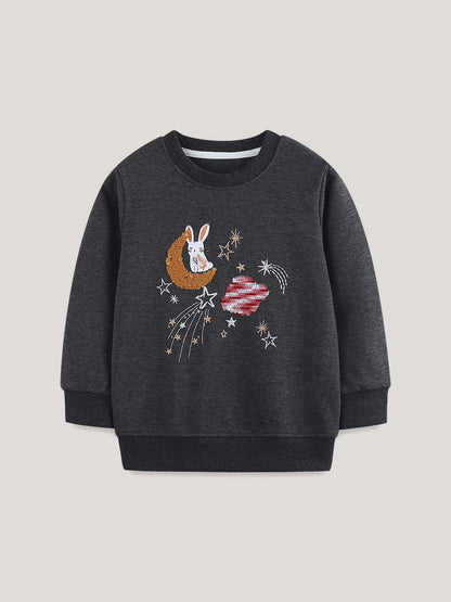 Autumn and Spring Arrival Sequins Cartoon Pattern Long Sleeves Pullover for Stylish Girls