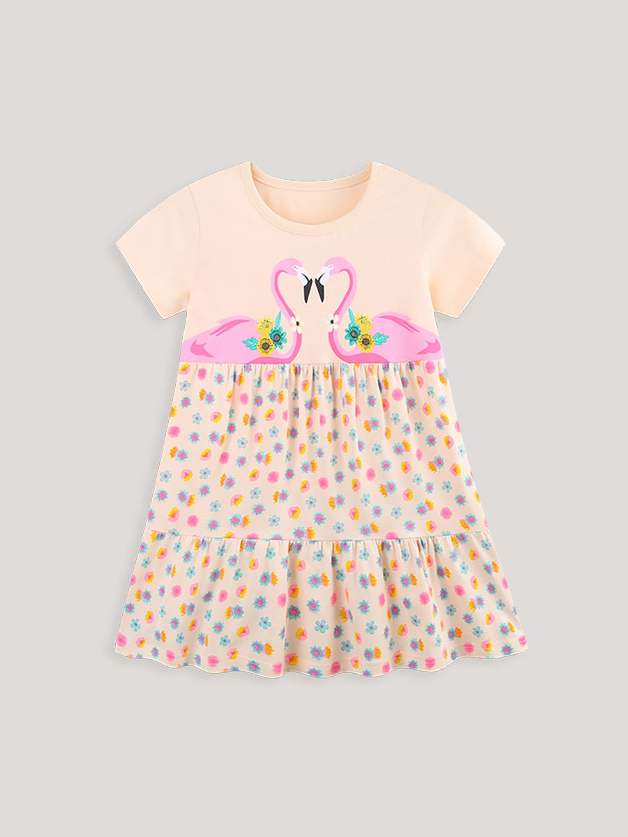 Summer Hot Selling Cute Birds Cartoon Pattern Short Sleeves Floral Dress