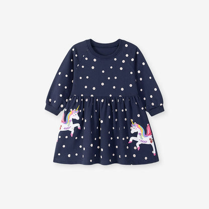 Autumn and Spring Arrival Unicorn Cartoon and Dots Pattern Long Sleeves Dress for Stylish Girls, MyKids-USA®, Baby & Toddler Dresses, MyKids-USA -  -  -  -  -  -  - 