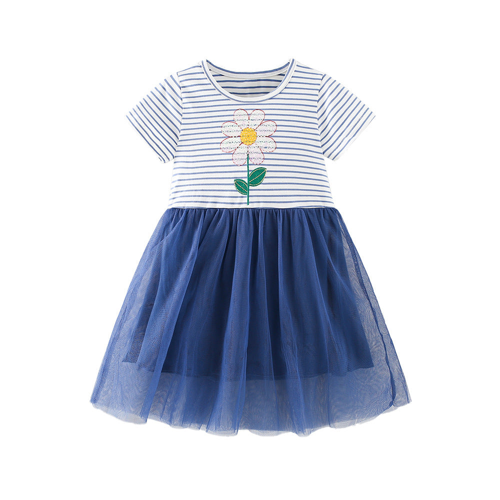 Summer Arrival Sequins Flowers Pattern Short Sleeves Crew Neck Dress for Stylish Girls, MyKids-USA®, Baby & Children's Dresses, MyKids-USA - Size/Age - 90 (12-24M) - Color - Navy Blue (Dark Blue) -  -  - TR2604062120-A.