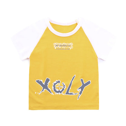 Kids’ Letters Print Color Patchwork T-Shirt In European And American Style