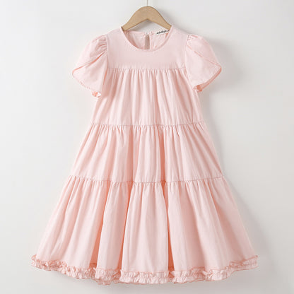 Summer Arrival Short Sleeves Patchwork Design Plain Dress for Stylish Girls