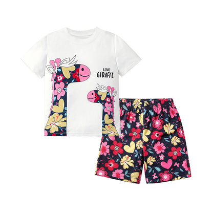 Summer Hot Selling Baby Kids Girls Short Sleeves Floral Cartoon Pattern T-shirt and Shorts Clothing Set