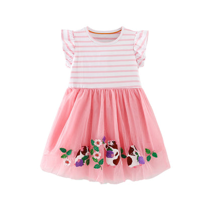 Summer Arrival Animals and Flowers Pattern Fly Sleeves Crew Neck Dress for Stylish Girls, MyKids-USA®, Baby & Children's Dresses, MyKids-USA - Size/Age - 90 (12-24M) - Color - Pink -  -  - TR2604041734-A.