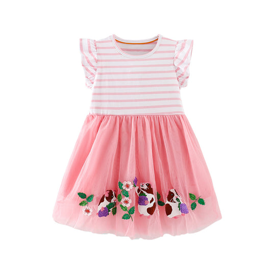Summer Arrival Animals and Flowers Pattern Fly Sleeves Crew Neck Dress for Stylish Girls, MyKids-USA®, Baby & Children's Dresses, MyKids-USA - Size/Age - 90 (12-24M) - Color - Pink -  -  - TR2604041734-A.