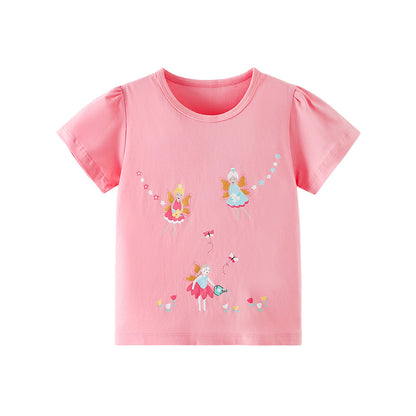 Summer Girls’ Princess Cartoon Pattern T-shirt in European and American Style, MyKids-USA®, T-Shirts, MyKids-USA - Size/Age - 90 (12-24M) - Color - Pink -  -  - TR2604151407-A.