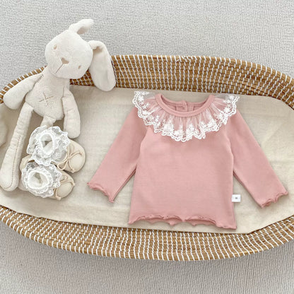 Autumn Arrival Baby Girls Color Patchwork Long Sleeves Lace Embroidered Pattern Collar Top, MyKids-USA®, Shirts, MyKids-USA - Size/Age - 66 (3-6M) - Color - Pink -  -  - TR2509042223-A