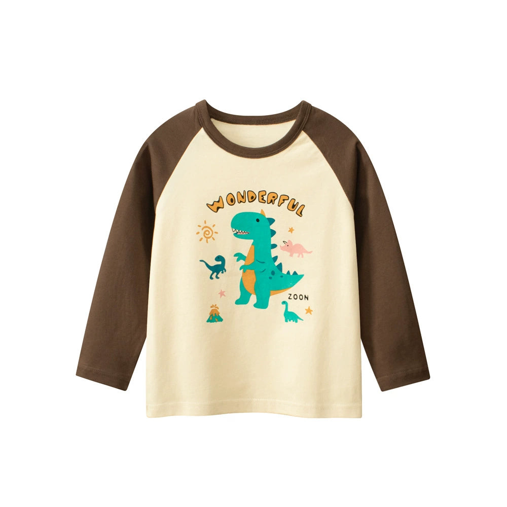 Autumn Baby Kids Boys Letters and Dinosaur Print Color Patchwork Long Sleeves Crew Neck Base Top Shirt, MyKids-USA®, Shirts, MyKids-USA - Size/Age - 90 (12-24M) - Color - Apricot -  -  - TR2507252004-A