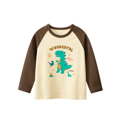 Autumn Baby Kids Boys Letters and Dinosaur Print Color Patchwork Long Sleeves Crew Neck Base Top Shirt, MyKids-USA®, Shirts, MyKids-USA - Size/Age - 90 (12-24M) - Color - Apricot -  -  - TR2507252004-A