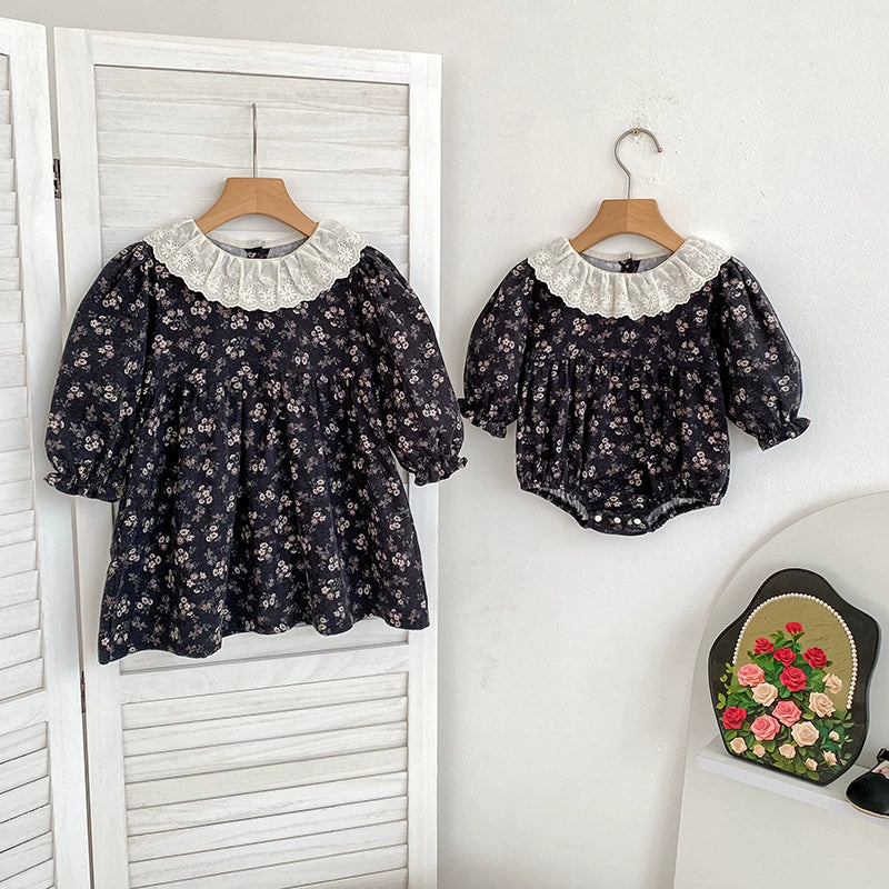 Autumn Baby Girls French-style Flowers Pattern Long Sleeves Onesies and Dress with Collar – Princess Sister Matching Set, MyKids-USA®, Baby & Toddler Outfits, MyKids-USA -  -  -  -  -  -  - 