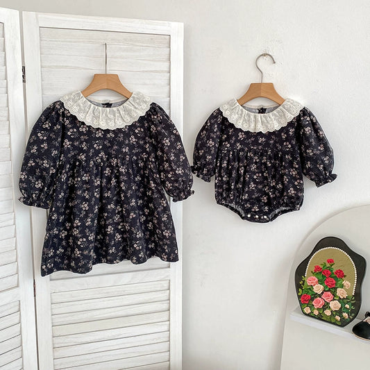 Autumn Baby Girls French-style Flowers Pattern Long Sleeves Onesies and Dress with Collar – Princess Sister Matching Set, MyKids-USA®, Baby & Toddler Outfits, MyKids-USA -  -  -  -  -  -  - 