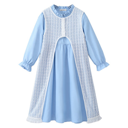 Arrival Autumn Kids Girls Long Sleeves Solid Color Blue Dress and Hollow-out Vest Clothing Set