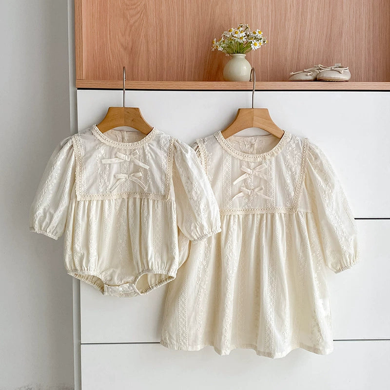 Autumn Baby Girls French Style Solid Color Flowers Pattern Long-sleeved Onesies and Dress – Princess Sister Matching Set, MyKids-USA®, Baby & Toddler Dresses, MyKids-USA -  -  -  -  -  -  - 