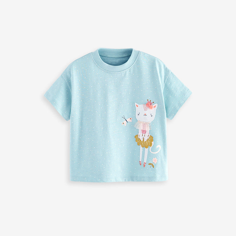 Kids’ Kitten Cartoon Pattern Short Sleeves T-shirt in European and American Style for Summer, MyKids-USA®, Baby & Toddler Tops, MyKids-USA - Size/Age - 90 (12-24M) - Color - Blue -  -  - TR2501032229-A