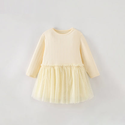 MyKids-USA® Autumn Tulle Patchwork Baby Kids Girls Princess Solid Color Long Sleeves Dress