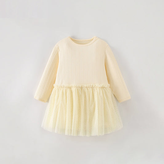 MyKids-USA® Tulle Patchwork Baby Kids Girls Princess Solid Color Long Sleeves Dress