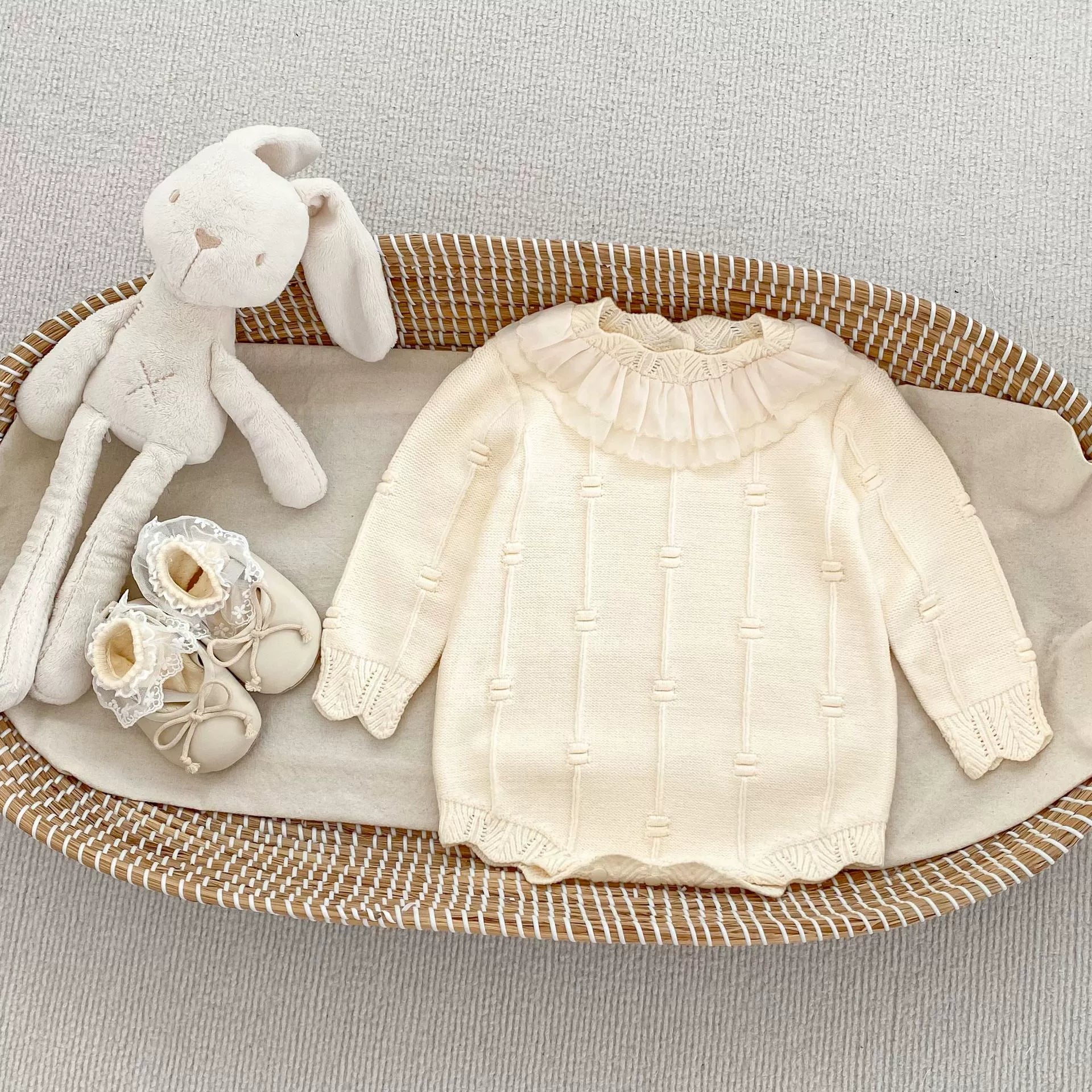 Autumn Arrival Baby Girls Knitted Long Sleeves Striped Jacquard Pattern Onesies, MyKids-USA®, Baby One-Pieces, MyKids-USA - Size/Age - 66 (3-6M) - Color - Beige -  -  - TR2508191943-A