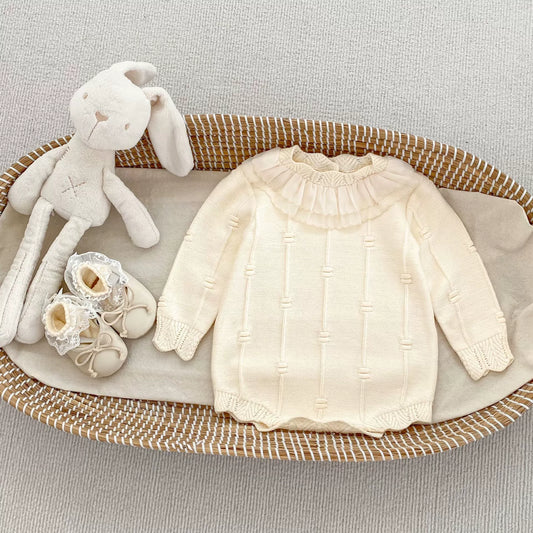 Autumn Arrival Baby Girls Knitted Long Sleeves Striped Jacquard Pattern Onesies, MyKids-USA®, Baby One-Pieces, MyKids-USA - Size/Age - 66 (3-6M) - Color - Beige -  -  - TR2508191943-A