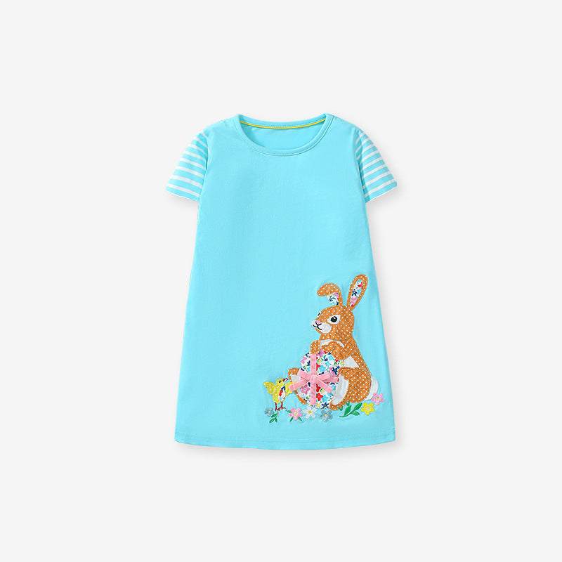 Summer Cartoon Short-sleeved Dress with Crew Neck for Stylish Girls, MyKids-USA®, Baby & Toddler Dresses, MyKids-USA - Size/Age - 90 (12-24M) - Color - Blue -  -  - TR2412301520-A