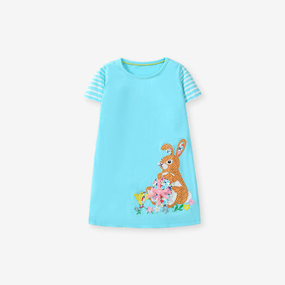 Summer Cartoon Short-sleeved Dress with Crew Neck for Stylish Girls, MyKids-USA®, Baby & Toddler Dresses, MyKids-USA - Size/Age - 90 (12-24M) - Color - Blue -  -  - TR2412301520-A