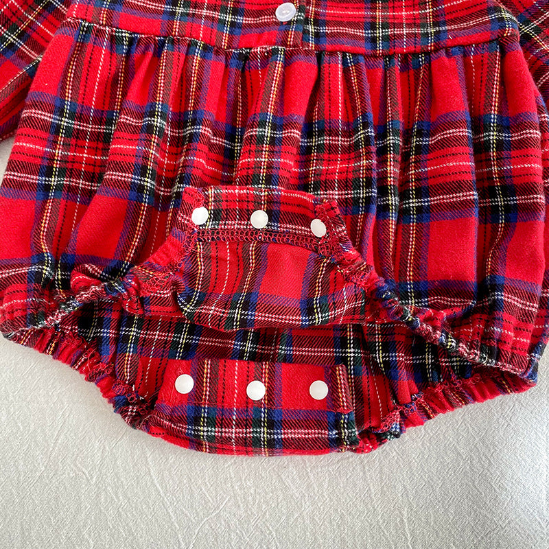 Autumn Baby Girls Plaid Pattern Long-sleeved Turn-down Collar Onesies and Dress – Princess Sister Matching Set