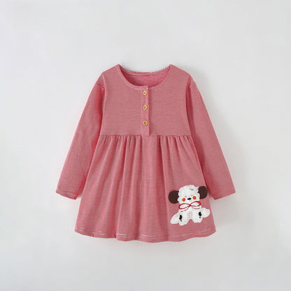 MyKids-USA® Autumn Arrival Baby Kids Girls Puppy and Striped Pattern Long Sleeves Dress