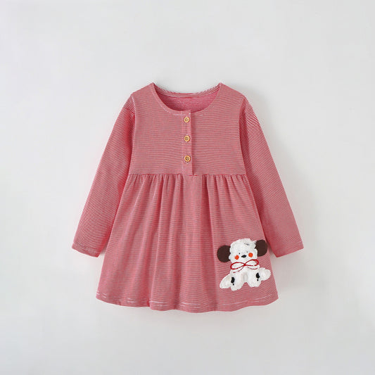 MyKids-USA® Baby Kids Girls Puppy and Striped Pattern Long Sleeves Dress