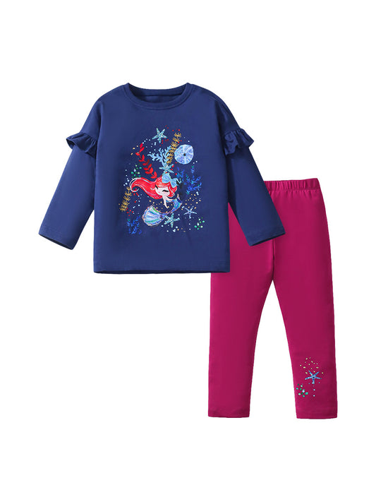 Spring And Autumn Girls Cute Cartoon Mermaid Pattern Long Sleeves Top T-Shirt And Pants Clothing Set, MyKids-USA®, Baby & Toddler Outfits, MyKids-USA - Size/Age - 90 (12-24M) - Color - Navy Blue (Dark Blue) -  -  - TR2407102336-A