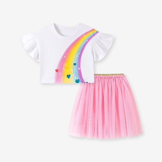 Summer Hot Selling Baby Kids Girls Short Sleeves Rainbow and Hearts Pattern T-shirt and Pink Skirt Clothing Set
