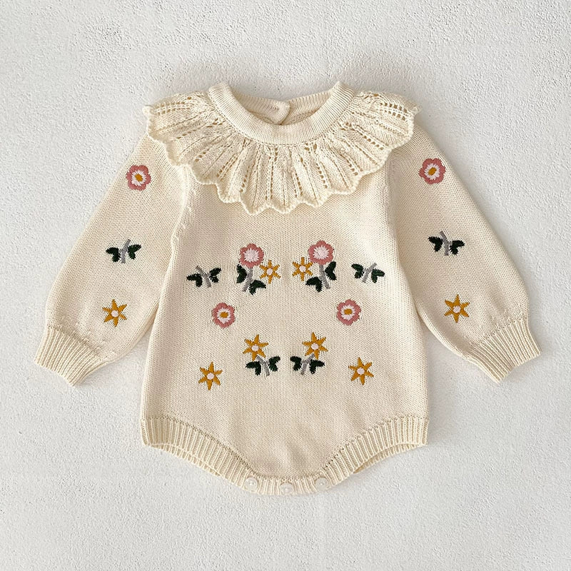 Autumn Arrival Baby Girls Knitted Long Sleeves Flowers Embroidered Pattern Onesies, MyKids-USA®, Baby One-Pieces, MyKids-USA -  -  -  -  -  -  - 