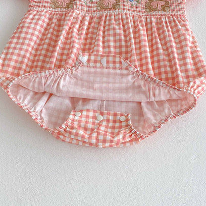 Summer Arrival Baby Girls Cute Plaid Short Sleeves Teddy Pattern Onesies, MyKids-USA®, Baby One-Pieces, MyKids-USA -  -  -  -  -  -  - 