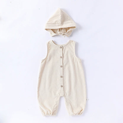 Autumn Arrival Baby Unisex Sleeveless Single Breasted Rompers Overalls with Hat, MyKids-USA®, Baby & Toddler Outfits, MyKids-USA - Size/Age - 66 (3-6M) - Color - Beige -  -  - TR2508272319-A