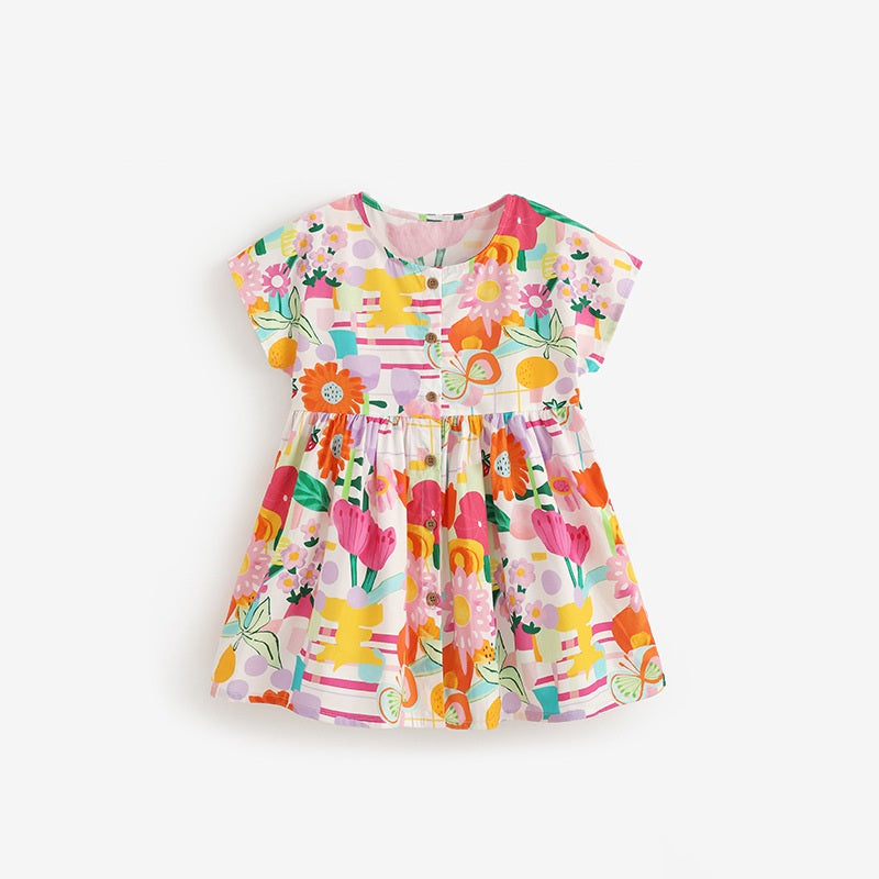 Summer Hot Selling Cute Flowers Pattern Short Sleeves Dress for Stylish Girls