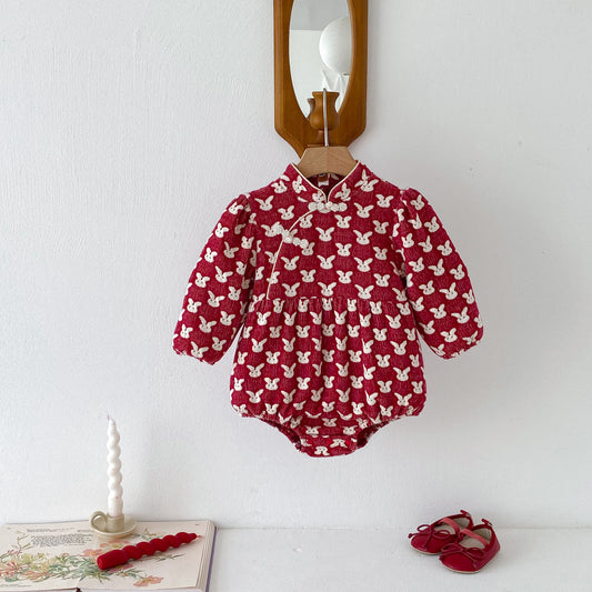 Autumn Arrival Baby Girls Long Sleeves Rabbits Jacquard Pattern Onesies, MyKids-USA®, Baby One-Pieces, MyKids-USA - Size/Age - 66 (3-6M) - Color - Red -  -  - TR2409300902-A