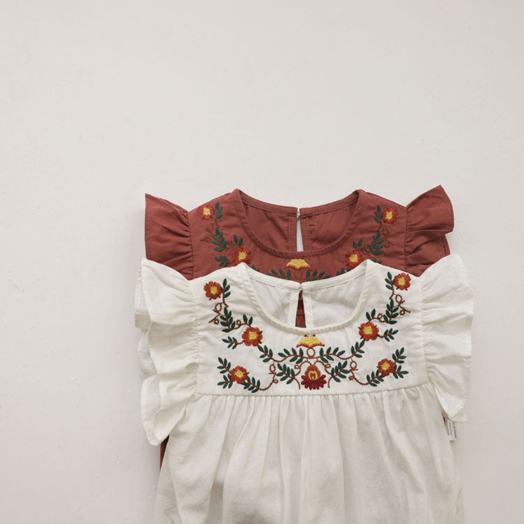 Summer Arrival Baby Girls Fly Sleeves Flowers Pattern Embroidered Bodysuit