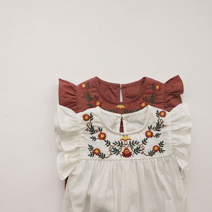 Summer Arrival Baby Girls Fly Sleeves Flowers Pattern Embroidered Bodysuit