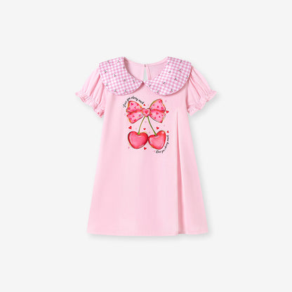 Summer Arrival Cherry and Butterfly-bow Pattern Short Sleeves Dress for Stylish Girls, MyKids-USA®, Baby & Toddler Dresses, MyKids-USA - Size/Age - 90 (12-24M) - Color - Pink -  -  - TR2601061649-A.