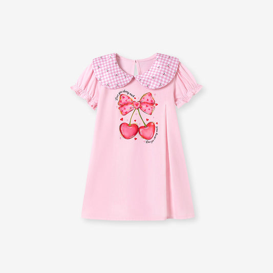 Summer Arrival Cherry and Butterfly-bow Pattern Short Sleeves Dress for Stylish Girls, MyKids-USA®, Baby & Toddler Dresses, MyKids-USA - Size/Age - 90 (12-24M) - Color - Pink -  -  - TR2601061649-A.