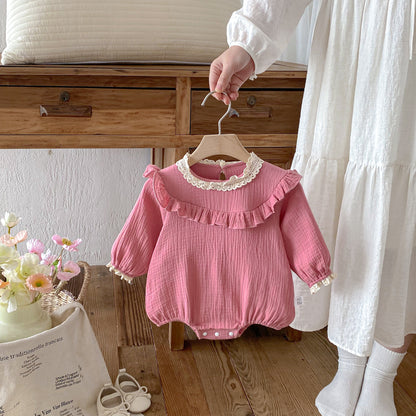 Spring Arrival Baby Girls Long Sleeves Pink Lace Trim Bodysuit