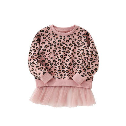 Autumn and Spring Arrival Leopard Pattern Long Sleeves Pullover with Tulle Decoration for Stylish Girls, MyKids-USA®, Sweaters, MyKids-USA - Size/Age - 100 (2-3Y) - Color - Pink -  -  - TR2602031052-A.