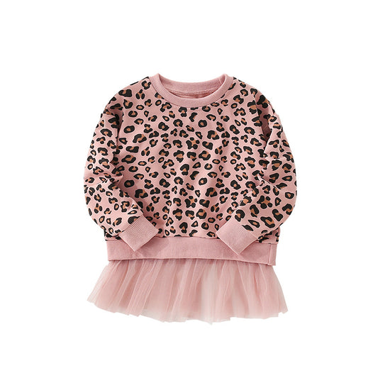 Autumn and Spring Arrival Leopard Pattern Long Sleeves Pullover with Tulle Decoration for Stylish Girls