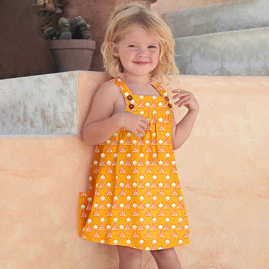 New Design Summer Girls Sleeveless Giraffe Print Yellow Strap Dress