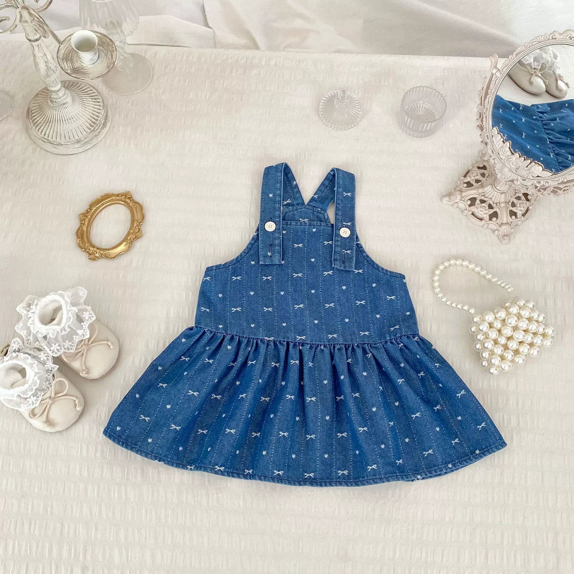 Spring and Autumn Baby Kids Girls Cherry Pattern Long Sleeves Beige Top and Denim Sleeveless Dress Clothing Set, MyKids-USA®, Baby & Toddler Dresses, MyKids-USA -  -  -  -  -  -  - 