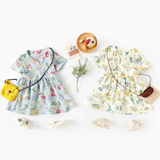 Summer New Arrival Baby Girls Casual Floral Print Short Sleeves V Neck Dress
