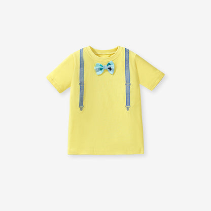 Kids’ Strap Cartoon Pattern Short Sleeves T-shirt in European and American Style for Summer, MyKids-USA®, Baby & Toddler Tops, MyKids-USA - Size/Age - 90 (12-24M) - Color - Yellow -  -  - TR2412301526-A