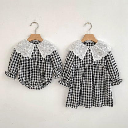 Autumn Baby Girls French-style Flowers Pattern Collar Long Sleeves Plaid Onesies and Dress – Princess Sister Matching Set, MyKids-USA®, Baby & Toddler Outfits, MyKids-USA -  -  -  -  -  -  - 
