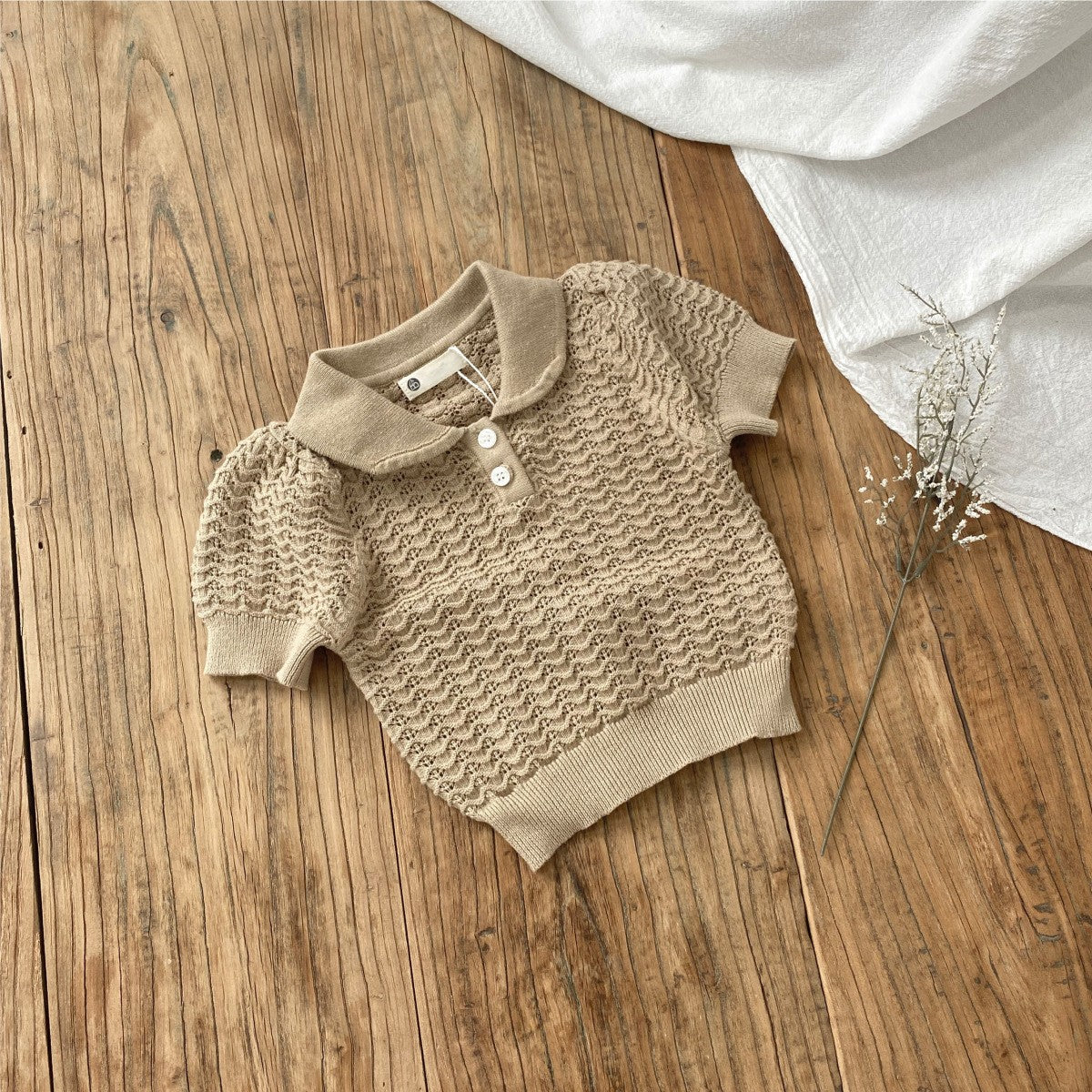 Arrival Summer Baby Kids Unisex Jacquard Pattern Knitted Short Sleeves Top