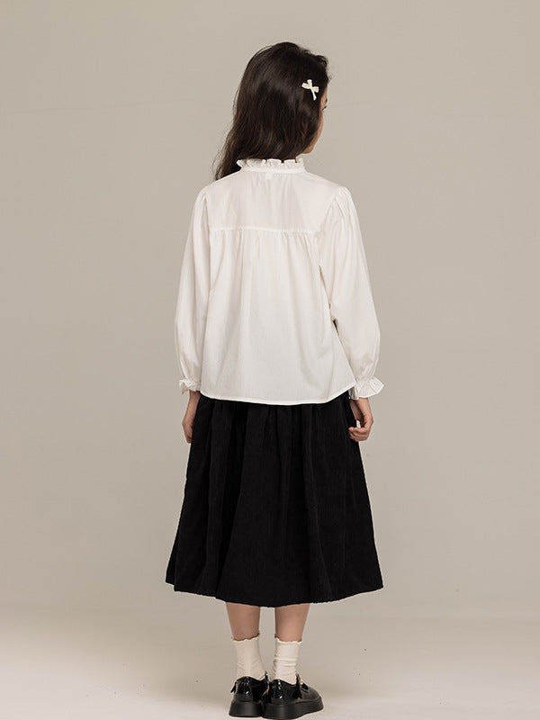 Arrival Autumn Kids Girls Long Sleeves Solid Color Butterfly-bow Pattern Stand Collar Shirt