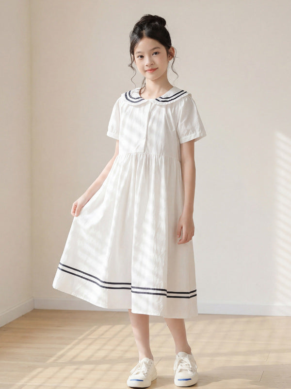 Summer Arrival Short Sleeves Navy Collar Preppy Dress for Stylish Girls